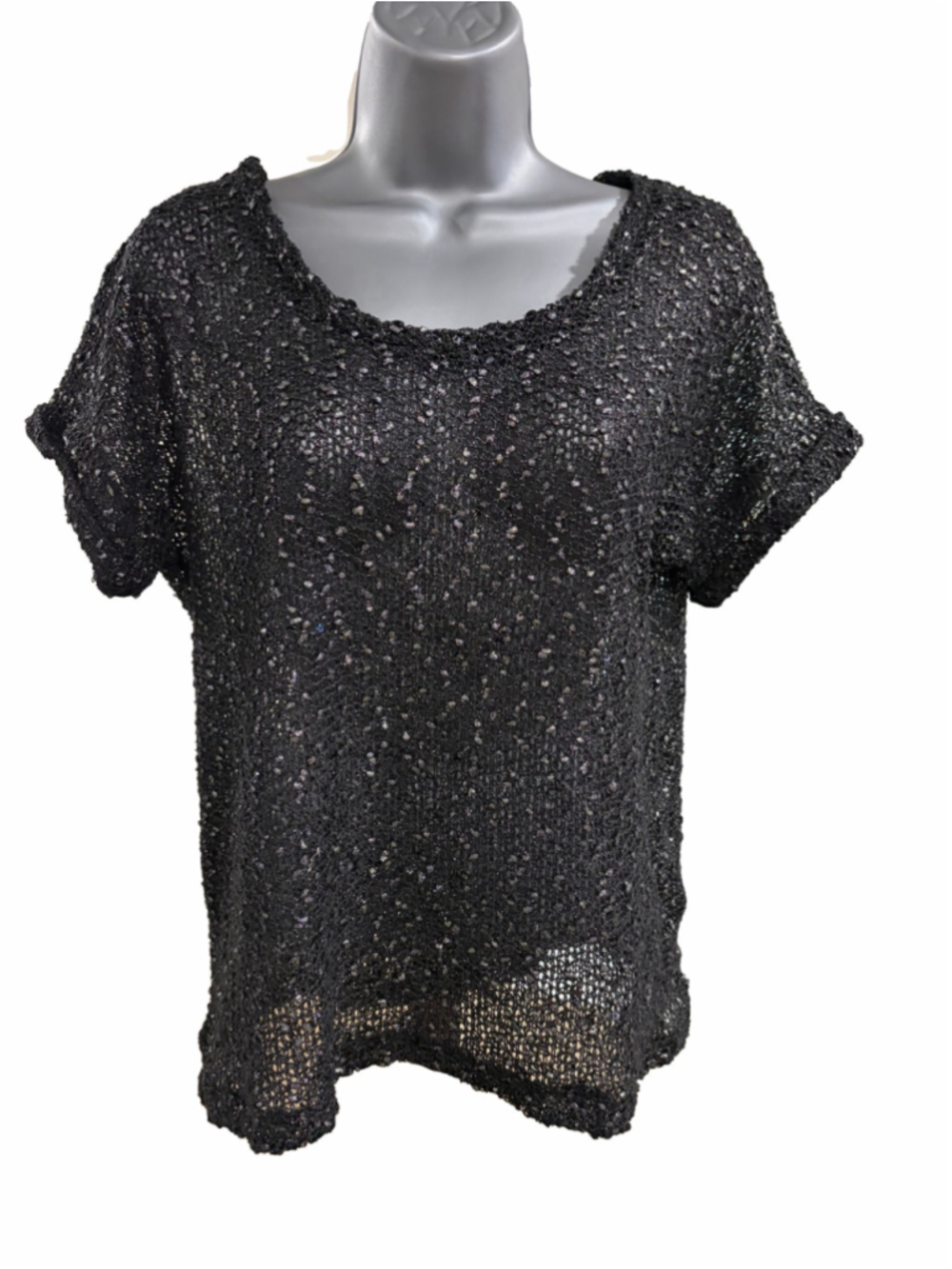 43. Women's MNG Casual Black Silver Metallic Knit Short Sleeve Tee Size L